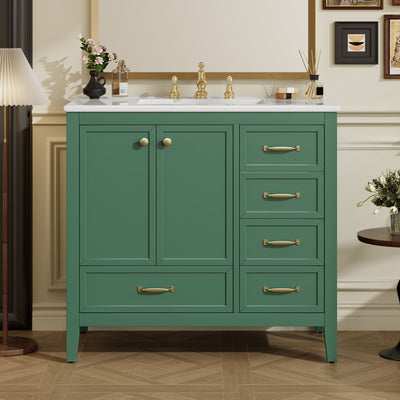 Elegant Vintage Bathroom Vanity With Sink And Soft Closing Door, 4 Drawers Of Different Sizes Frame