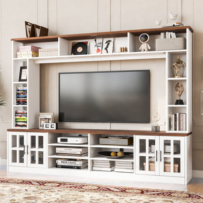 Wall Unit Entertainment Center With Bookshelves For TVs Up To 80", Tempered Glass Doors And Adjustable Shelves