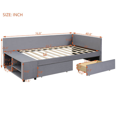 L Shaped Upholstered Platform Bed With Storage And Drawers