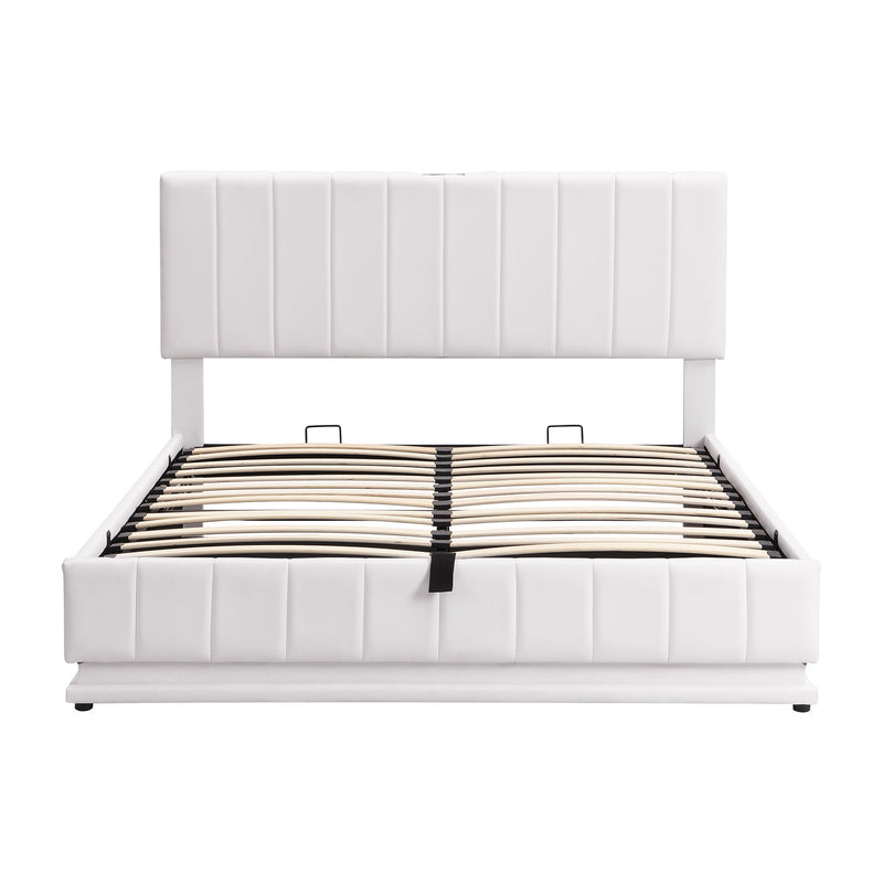 Upholstered Bed With Hydraulic Storage System And LED Light, With Sockets And USB Ports