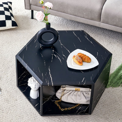Hexagonal Coffee Table With Characteristic Pattern Stickers And Multi-Hole Design For Extra Storage