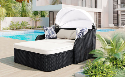 Outdoor Sunbed With Adjustable Canopy, Double Lounge, Daybed - Black / Beige