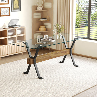 Elegant Tempered Glass Dining Table With X Shaped Metal Legs And Wood Grain Crossbeam - Black / Transparent