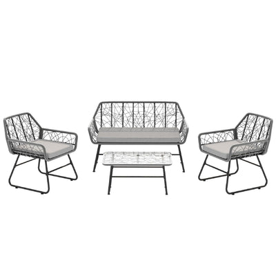 4 Piece Wicker Patio Furniture Set With Tempered Glass Table And Detachable Cushions