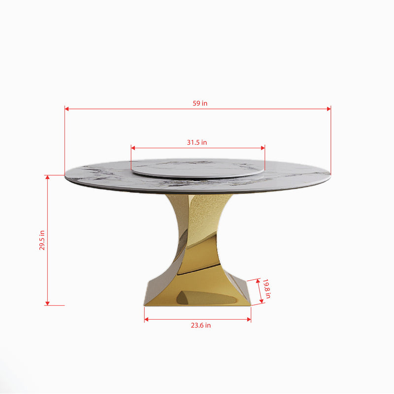 Luxury Round 59" Sintered Stone Dining Table With Stainless Steel Hourglass Base, Scratch & Heat Resistant Surface - Golden / White