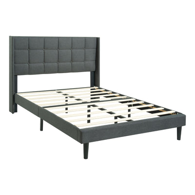 Queen Size Upholstered Platform Bed Frame With Button Tufted Linen Fabric Headboard - Dark Gray