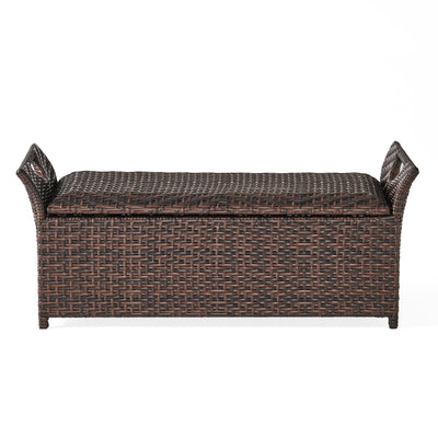 Outdoor Rattan Bench With Flair Arm And Storage - Brown