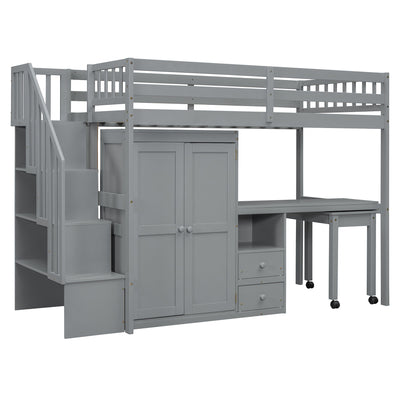 Loft Bed With Stairs, Bookshelf, Drawers, Desk & Wardrobe, Space Saving Multifunctional Furniture