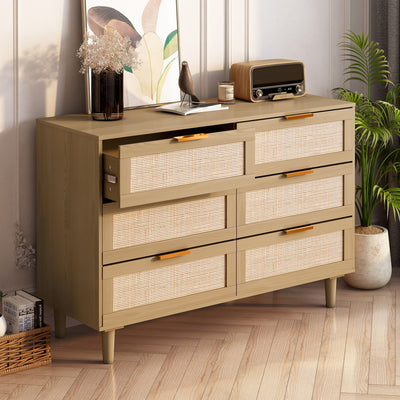 Modern Rattan Dresser With 6 Drawers For Bedroom And Living Room - Oak