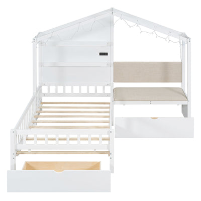 House Bed With Upholstered Sofa, Wireless Charging Station, Shelves And 2 Drawers