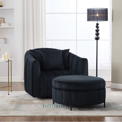 Oversized Velvet Swivel Barrel Accent Chair And Ottoman Set With Storage