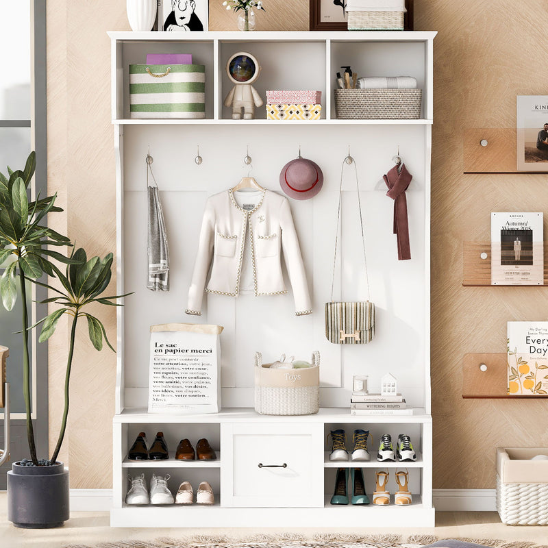 Hall Tree With 6 Hooks, Coat Hanger, Entryway Bench