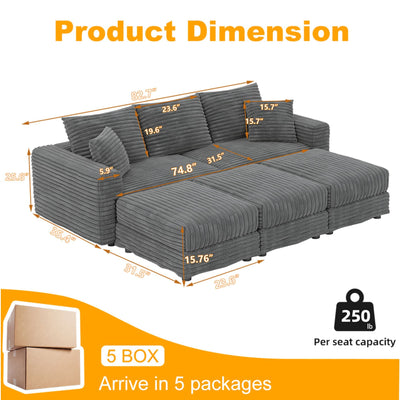 Deep Seat Convertible Sofa With Soft Pillows And Ottomans