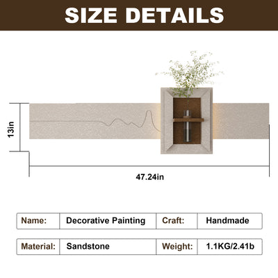 3D LED Sandstone Wall Decor With Simulated Plants, Glass Vase & Remote Control - Light Coffee