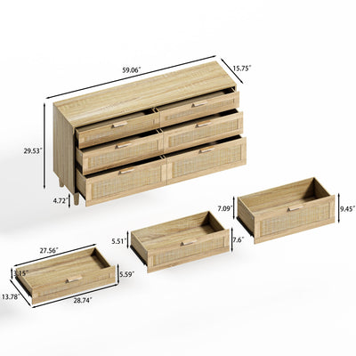 Rattan Dresser With 6 Drawers, Wooden Legs & Metal Handle