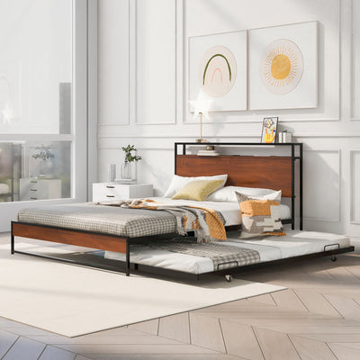 Platform Bed Frame With Trundle, USB Ports And Slat Support, No Box Spring Needed