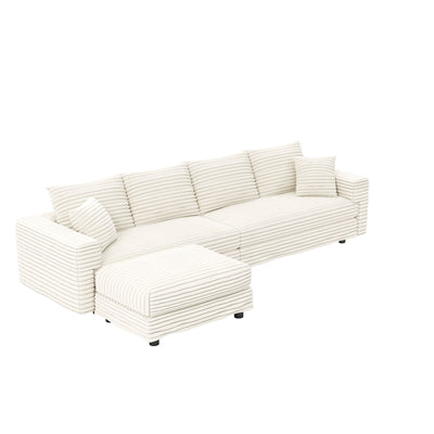 Plush Corduroy 4 Seat Sofa With Soft Pillows And Movable Ottoman