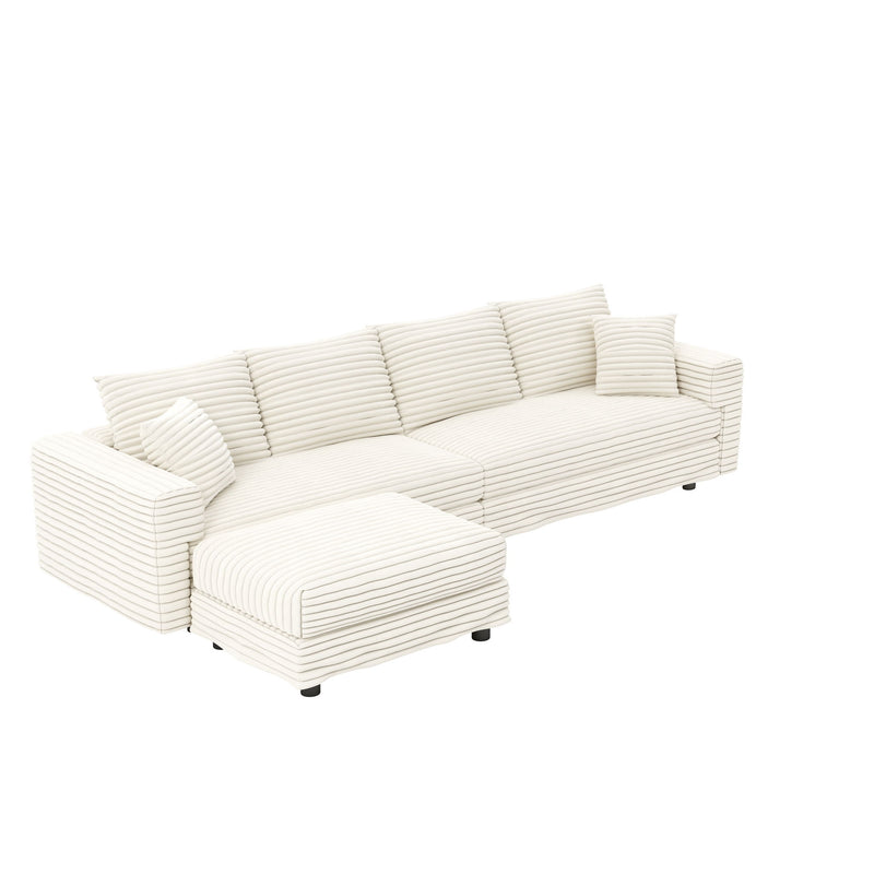 Plush Corduroy 4 Seat Sofa With Soft Pillows And Movable Ottoman
