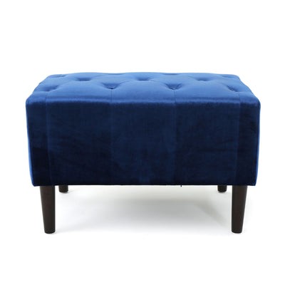 Mid Century Ottoman Velvet With Button Tufting With Birch Wood Legs - Navy Blue