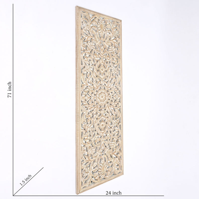 Floral Hand Carved Mandala Rectangle Wall Decor With Mirror - Antique Brown / White