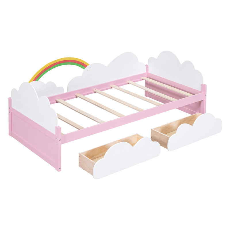 Twin Size Bed With Clouds And Rainbow Decor - Pink / White