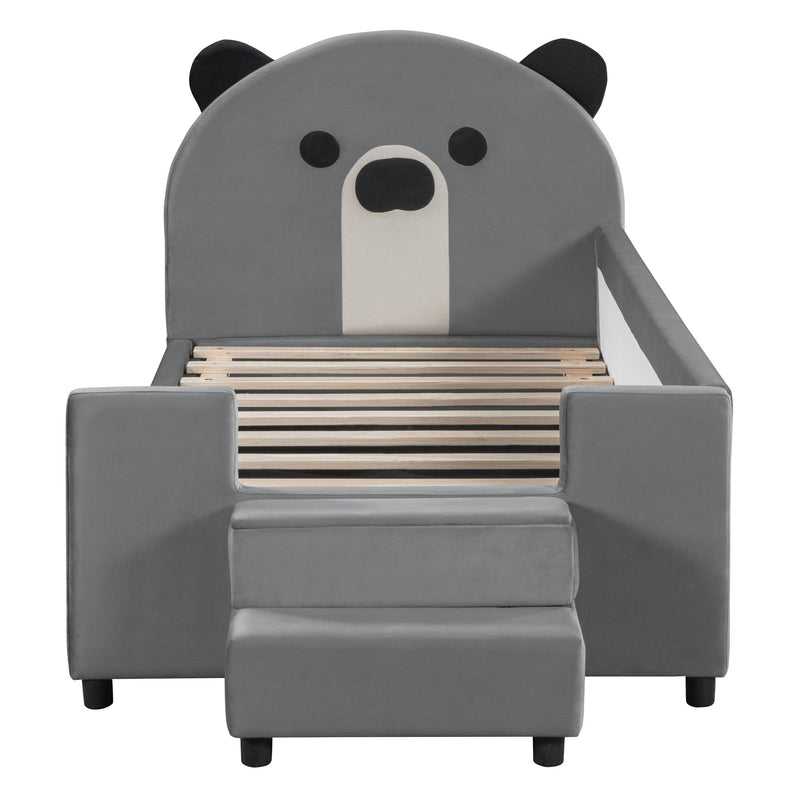 Upholstered Daybed With Bear Shaped Headboard, Hydraulic System And Breathable Mesh Fence