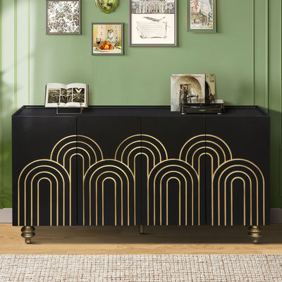 Modern Fluted Sideboard Buffet With Storage, Curve Element, 4 Doors With Adjustable Shelves