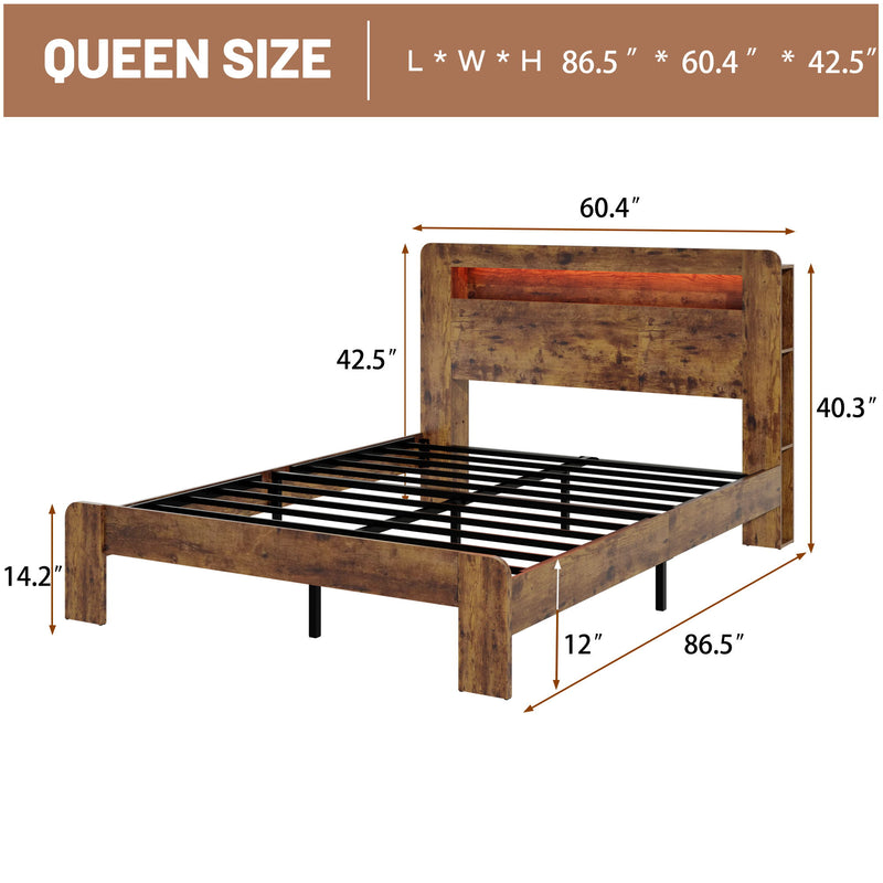 Wood Platform Bed Frame With Storage LED Light Headboard & USB