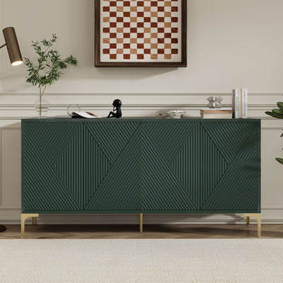 Modern Wood Sideboard Cabinet With Carved Door Panels, Adjustable Shelves, And Sturdy Metal Legs
