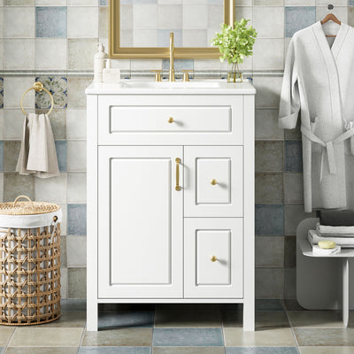 Elegant Bathroom Vanity With Ceramic Sink, Soft Close Doors And Drawers, Double Storage Racks