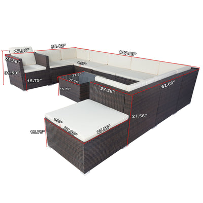 11 Piece Patio Wicker Conversation Set, 10 Seater Patio Sectional Set With 3 Storage Box Under Seat - Brown / White