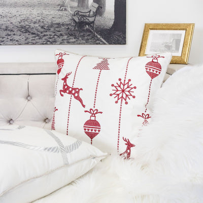Christmas Throw Pillow With Embroidered Reindeer And Snowflakes - White