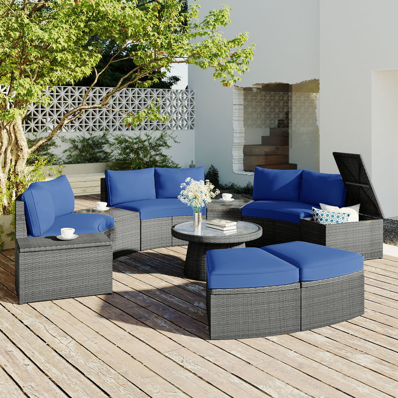 10 Piece Outdoor Sectional Half Round Patio Rattan Sofa Set