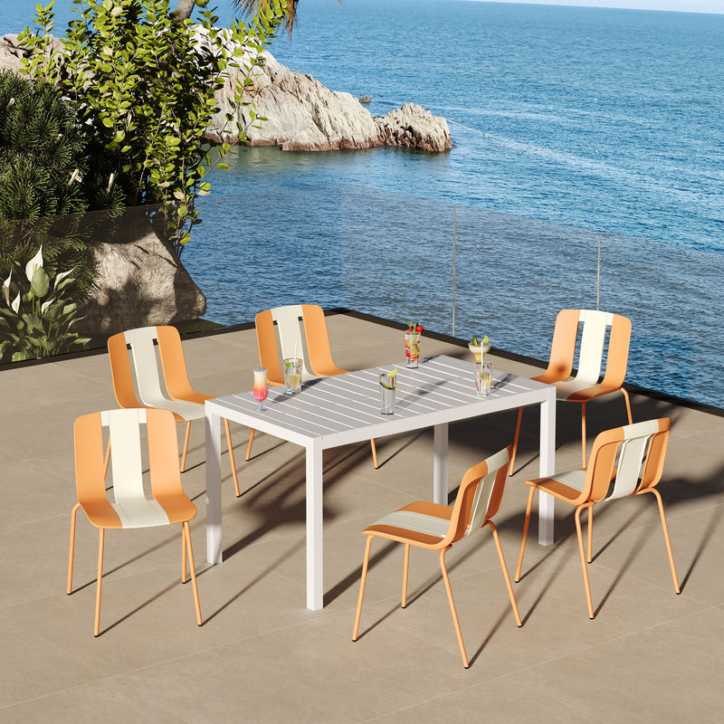 4 Piece Set Of Modern Striped Color- Blocking Single Chairs With Long Table