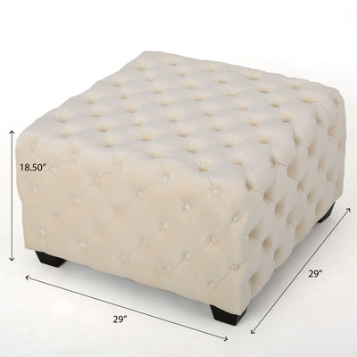 Modern Glam Ottoman With Velvet Upholstery And Button Tufted Design - Ivory