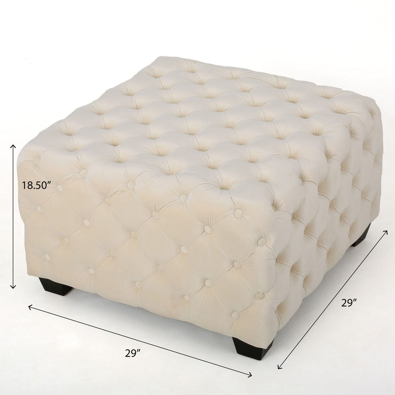 Modern Glam Ottoman With Velvet Upholstery And Button Tufted Design - Ivory