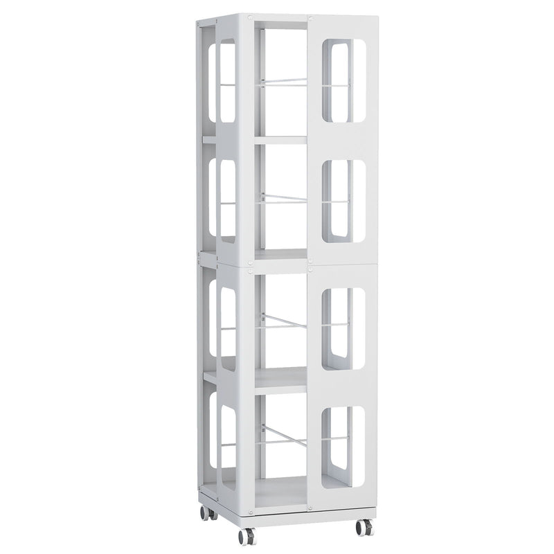 4 Tier All Steel Rotating Bookshelf With 360° Wheels, Large Size Sturdy & Spacious Book Rack, New Style Bookshelf - White