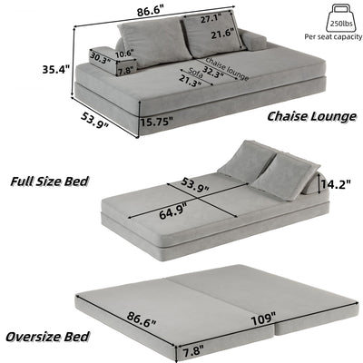 Multifunctional Convertible Sofa Bed With 2 Tumbler Backrests And 2 Pillows, Deep Seat Couch