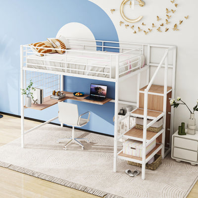 Loft Bed With Desk And Grid, Stylish Frame With Lateral Storage Ladder And Wardrobe