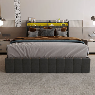 Bed With LED Lights, 4 Drawers, Winged Headboard Upholstered