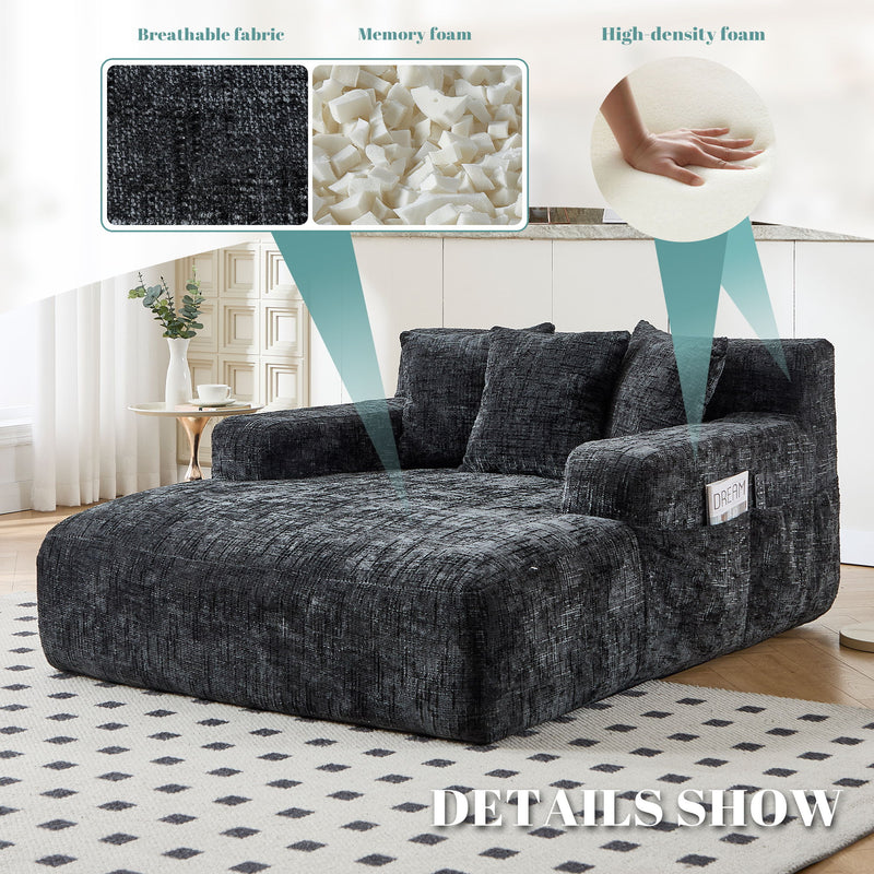 Chenille Interior Lazy Sofa Chaise Longue Armchair With 3 Pillows And Armrests