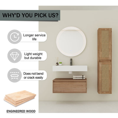 Modern Imitative Wall Mounted Bathroom Vanity With Resin Sink & 2 Side Cabinet, Soft Close Drawer - Imitative Oak