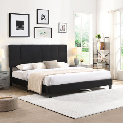 King Size Upholstered Platform Bed Frame With Linen Fabric Headboard, Wood Slat Support - Black