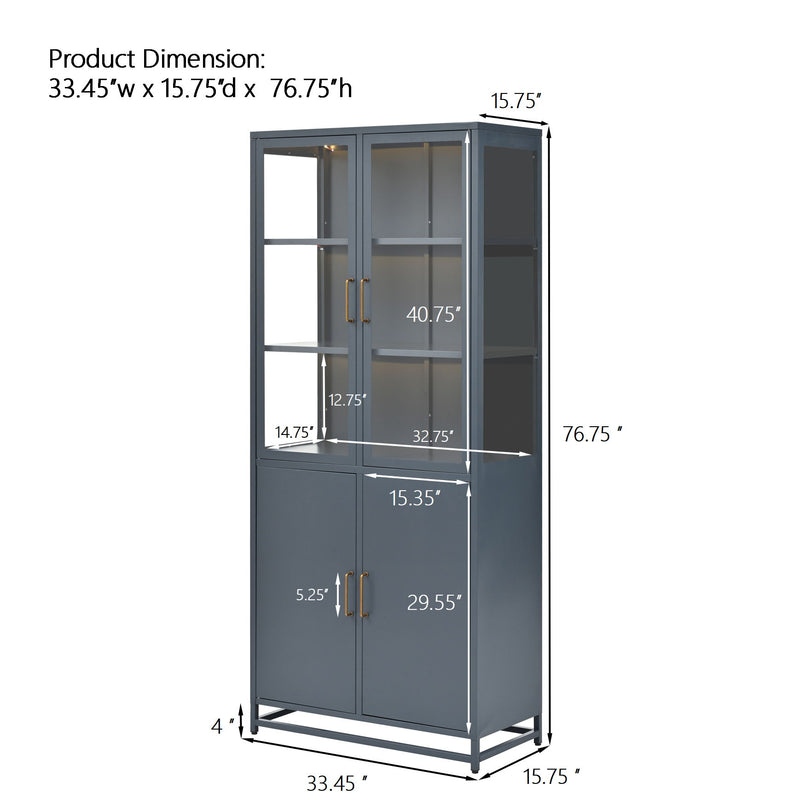 Modern Style Tall Steel Display Cabinet With Double Glass Doors, LED Lights