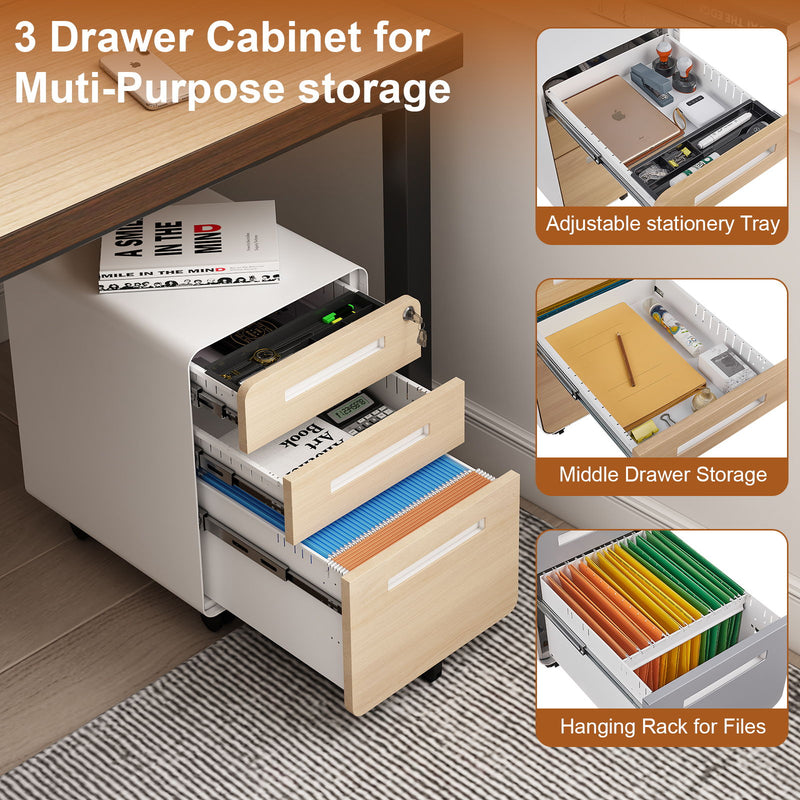 3 Drawer Mobile File Cabinet Under Desk Office, Simple Style Versatile Storage Cabinet For Legal / Letter / A4 Files, 5 Wheel Design Anti-Tilting Cold Rolled Steel Waterproof Moisture-Proof