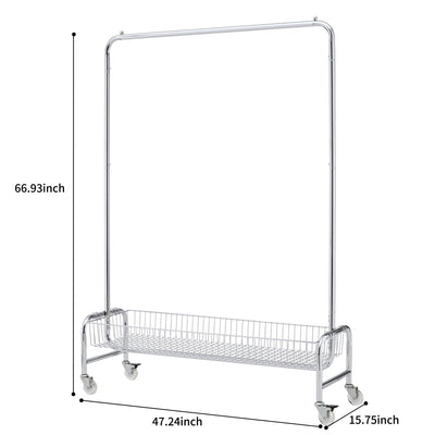 Heavy Duty Iron Garment Rack With Basket On Wheels - Silver