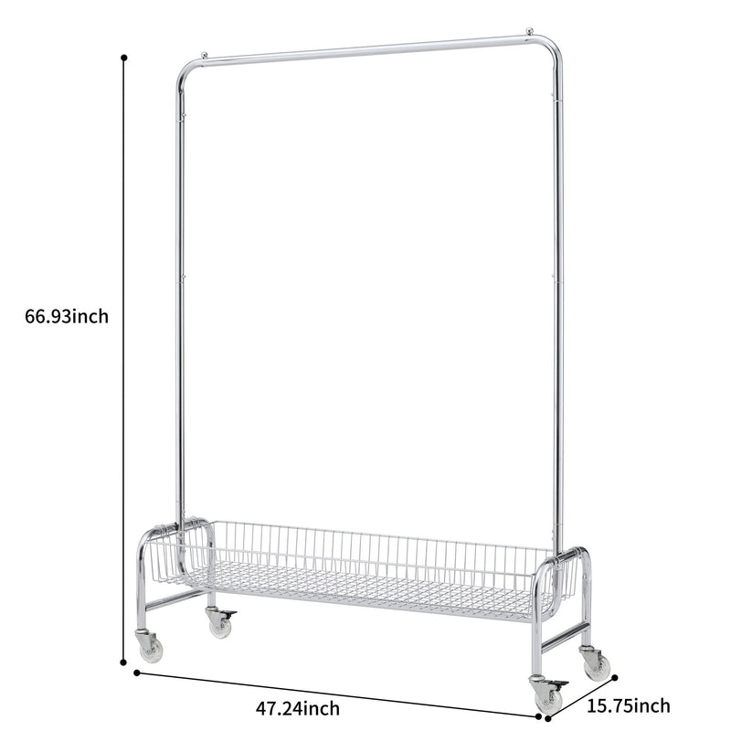 Heavy Duty Iron Garment Rack With Basket On Wheels - Silver