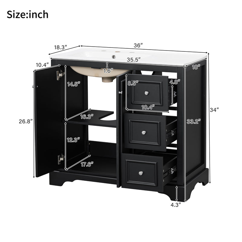 Bathroom Vanity With Sink, Soft-Close Doors, Adjustable U-Shelf, 3 Drawers